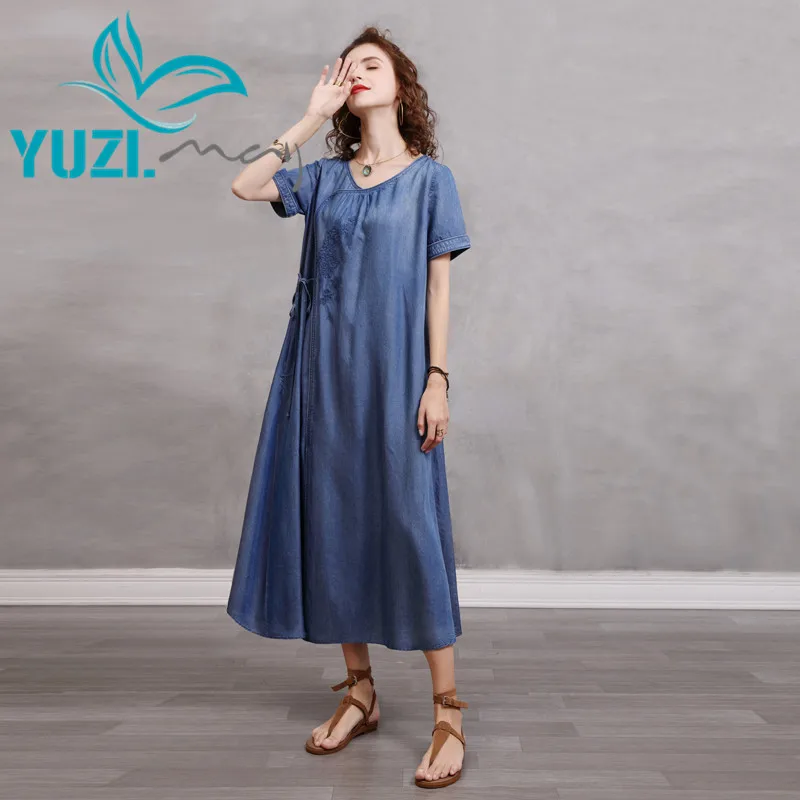 Summer Women's Dress 2021 Yuzi.may Boho New Denim Woman Dresses O-Neck Vintage Embroidery Loose Cheong-sam A82328 Vestidos