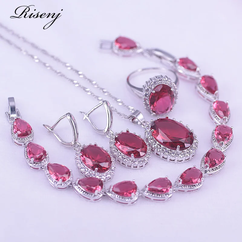 

Risenj Silver 925 Jewelry Set Earrings Necklace Ring Bracelet Set Pretty Shiny Rose Red Stone White Zircon Bridal Jewelry