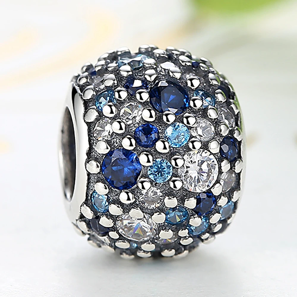 Реальные 925 пробы серебряный шарм синий прозрачный CZ Круглые бусины Форма для