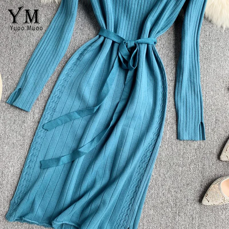 YuooMuoo Good Quality Comfy Elegant Bandage Women Dress Autumn Winter Knitted Sweater Female Midi Pink Ladies | Женская одежда