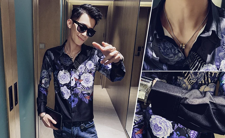 Camisa Masculina цифровой принт мужские рубашки с длинным рукавом Осень мужские рубашки с цветочным узором повседневные приталенные рубашки для ночного клуба homme 3XL