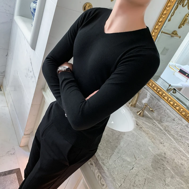 Тонкий свитер Masuclina круглый вырез Pull Homme пуловер для мужчин Корейский мужской модный свитер черный 4 сплошной цвет облегающий свитер для мужчин