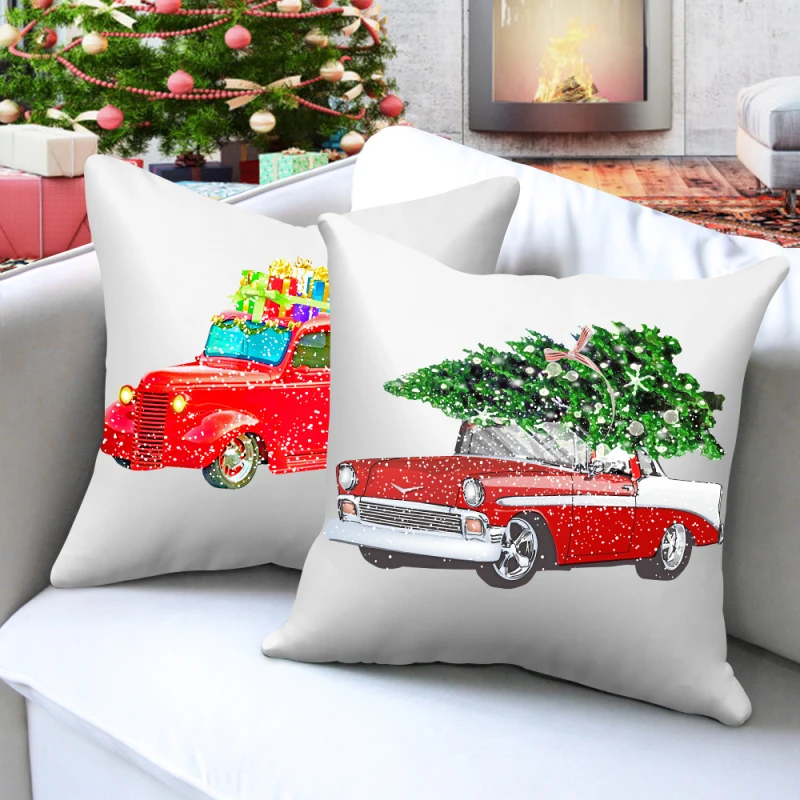 

Christmas Red Truck Decorative Pillow Covers Christmas Tree Pattern Throw Pillows White Decorative Pillows for Living Room Sofa
