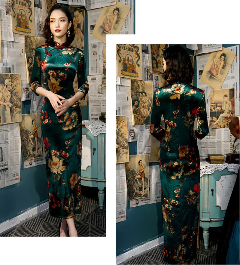 L-5XL, женские осенние велюровые платья Cheongsam, плюс размер, бархатное позолоченное традиционное китайское платье, Зеленое Длинное Qipao