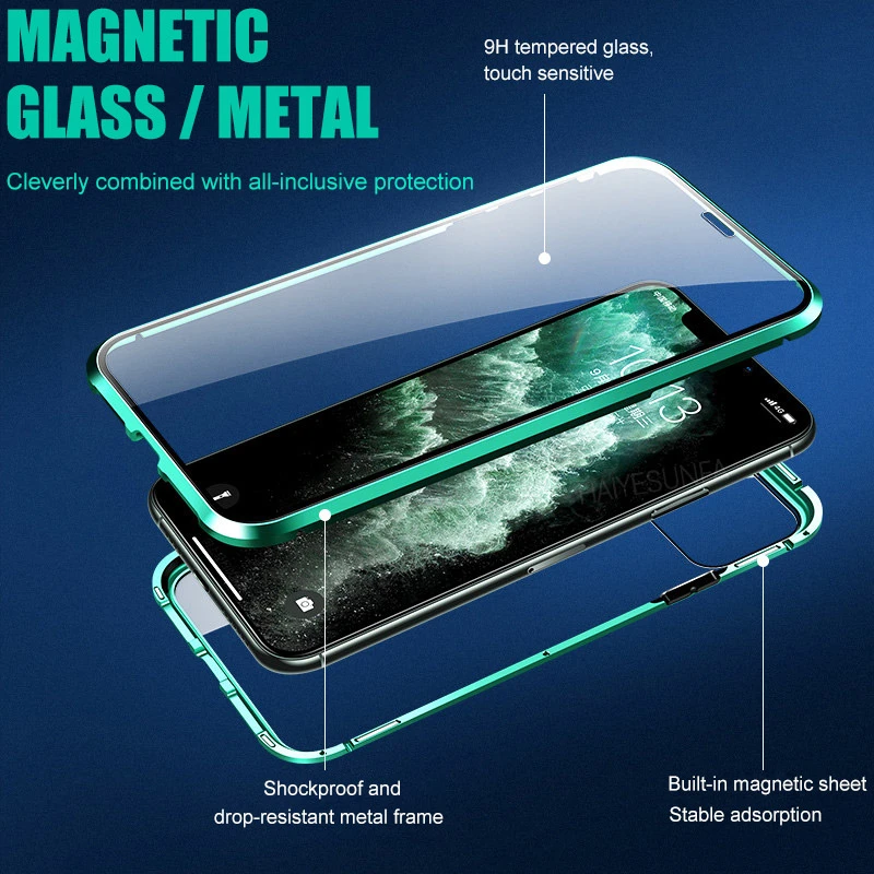 Магнитный металлический чехол 360 для телефона iphone 13 12 Mini 11 pro XR X S MAX 7 8 PLUS