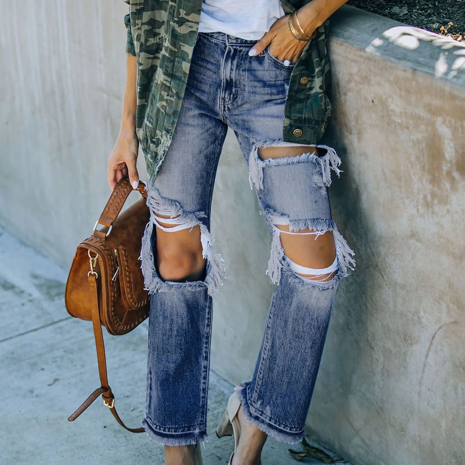 

Women's Jeans Harajuku Fashion Casual High Distressed 90’s Flare Pants Hollow Out Vintage Streetwear Daily Pants 4