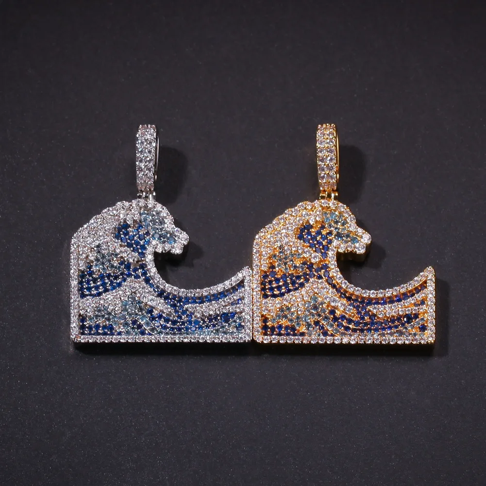 

Hip Hop AAA CZ Zircon Bling Ice Out Kanagawa Surf Fashion Pendant Necklace Men Retro Personality Wild Necklace Jewelry Gifts