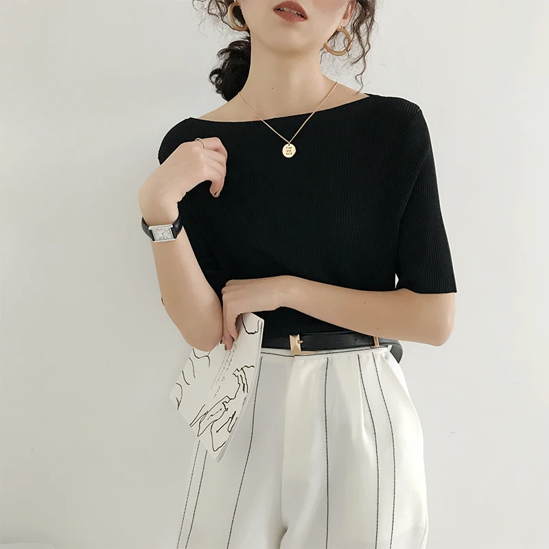 2021Summer Women Shirts Solid Slash Neck Casual Loose Ice Silk Sweater Female T-Shirt Half Sleeve Office Lady Tops | Женская одежда