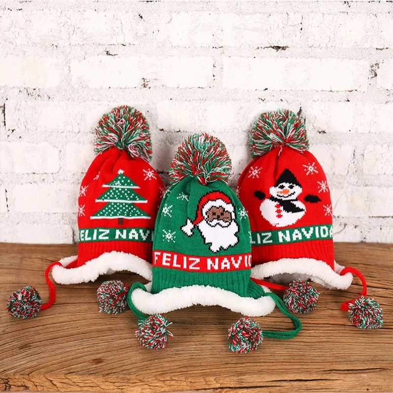

2021 Navideñ Snata Claus Snowman Knitted Hat Christmas Hat Knitted Woolen Christmas Warmth and Velvet Decoration Hat for Kids