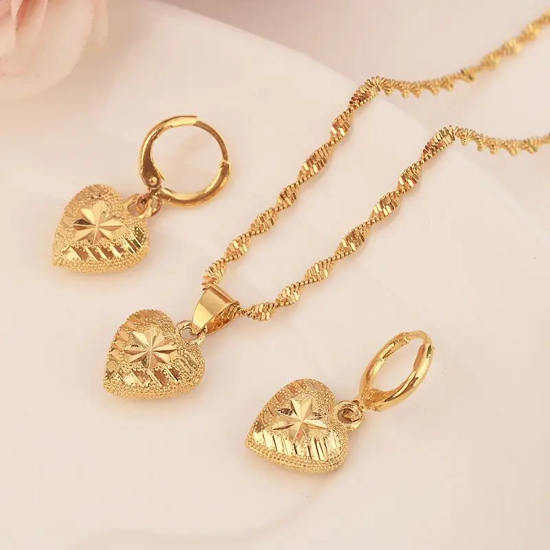

Ethiopian 18 k Solid Fine Yellow G/F Gold Full love heart set Jewelry Pendant Chain Earrings African Bride Flower Bijoux