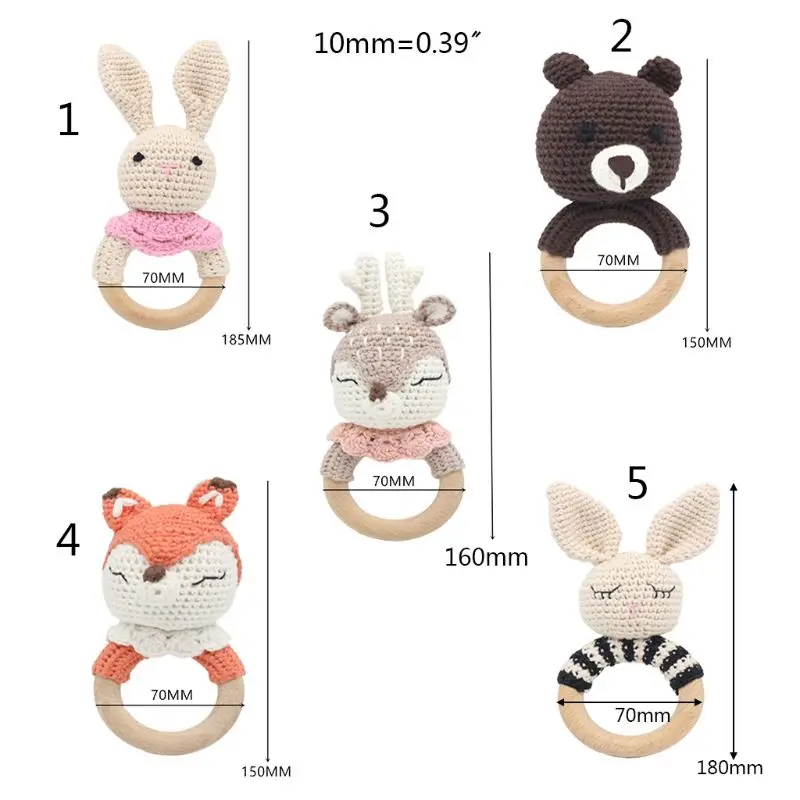 

Crochet Wooden Ring Baby Teether Animal Rattle Chewing Teething Nursing Soother Molar Infant Toy Accessory