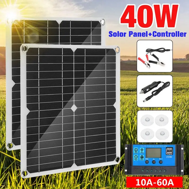 2. Kit de Panel Solar de 40W, células solares de 18V, Panel Solar De Silicio Monocristalino, Banco de energía + controlador 10-60A, cargador de batería Solar