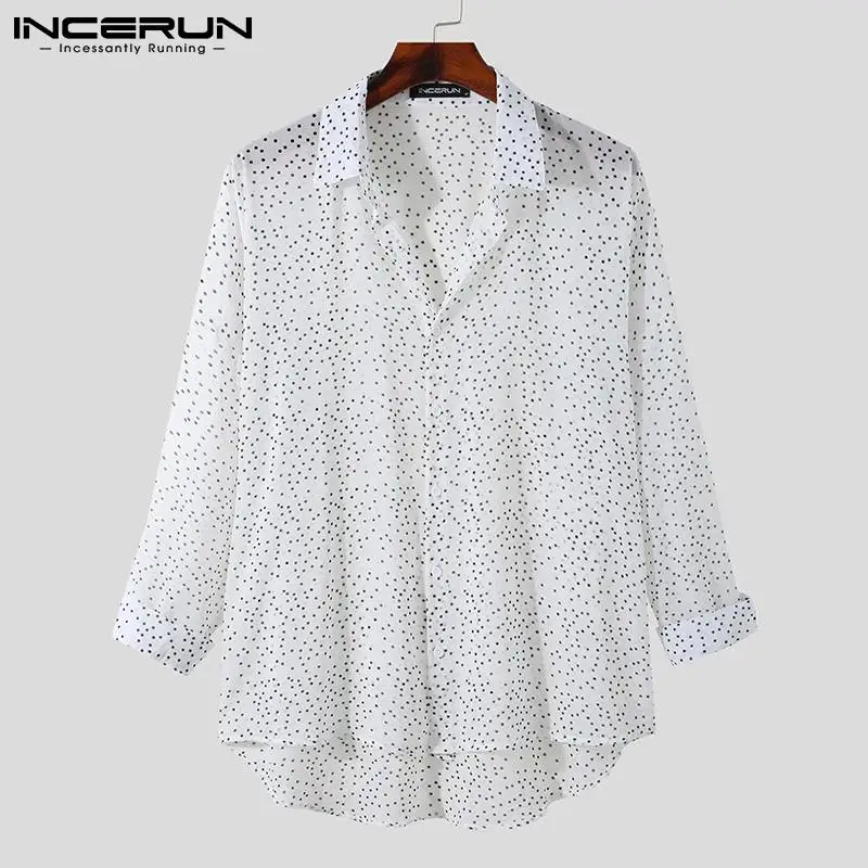 

Men Shirt Polka Dot Print Lapel Streetwear Loose Long Sleeve Thin Irregular Shirts Breathable 2021 Casual Camisas Hombre INCERUN