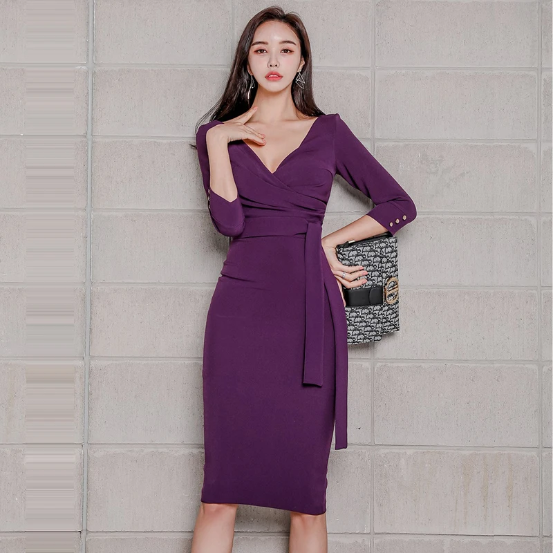 

2021 Autumn New Korean OL Temperament Dress Women V-neck Slim Midi Lace-Up Professional Dress