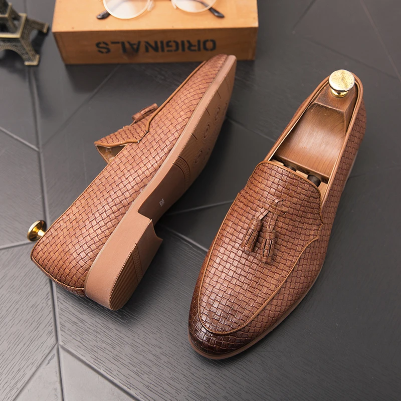 Mens Shoes Casual Leather Loafers Fashion Weave Slip on Formal Business Bureau Leisure Walk Male Adult Comfortable | Обувь