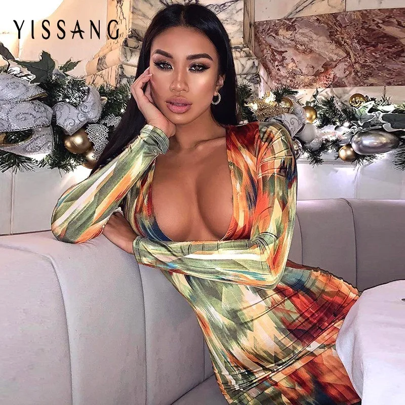 Yissang сексуальный v образный вырез Цветочный принт платье Для женщин 2019 с длинным