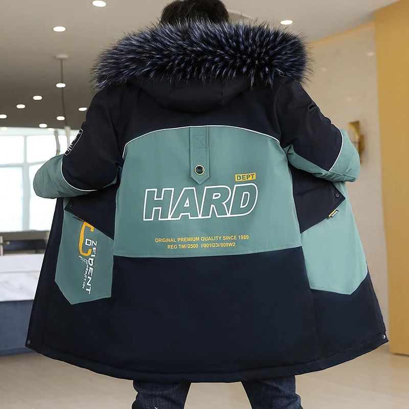 Winter 2021 New Men's Hooded Thick Coat Middle-length Handsome Teenagers Fashion Handsome Plus Fur Collar Cotton-Padded Jacket