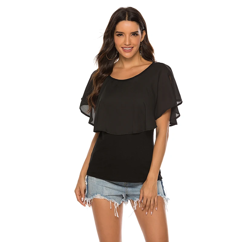 Летняя женская шифоновая блузка с коротким рукавом белая офисная рубашка