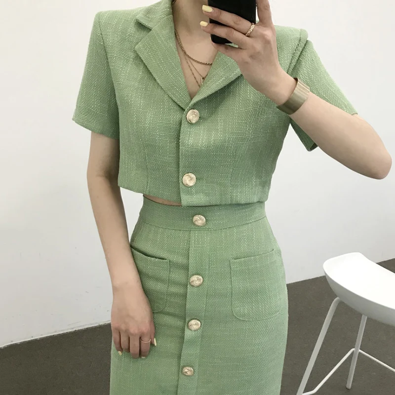 

Korean Fashion Elegant Turn Down Collar jacket Coat Two Piece Set Pocket Single-Breasted Bodycon Skirt Suit Women Dropshipping