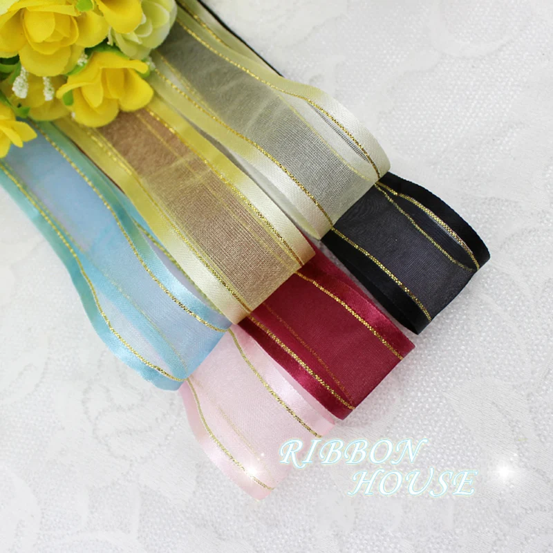 (5 м/лот) 25 мм кремово-белые ленты из органзы с золотыми краями декоративные для