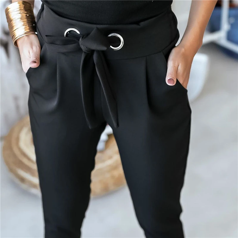 

England Style Women Summer Solid Color Pencil Pants Bandage Design Pockets Decor High Waist Slim Hips Trousers For Streetwear