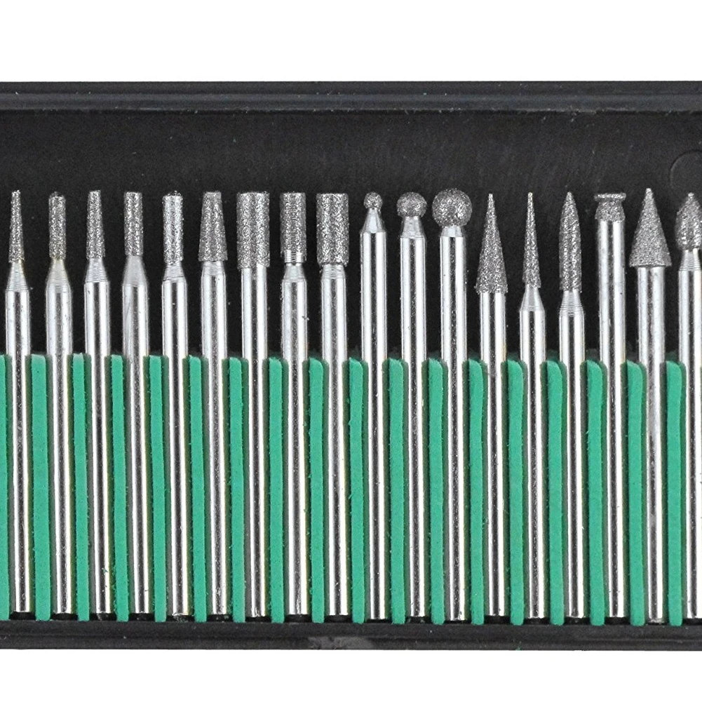 

20PCS Practical Assorted Diamond Burr Solid Diamond Drill Bits Durable Head Mounted Burr Accessories Plastic Base Included
