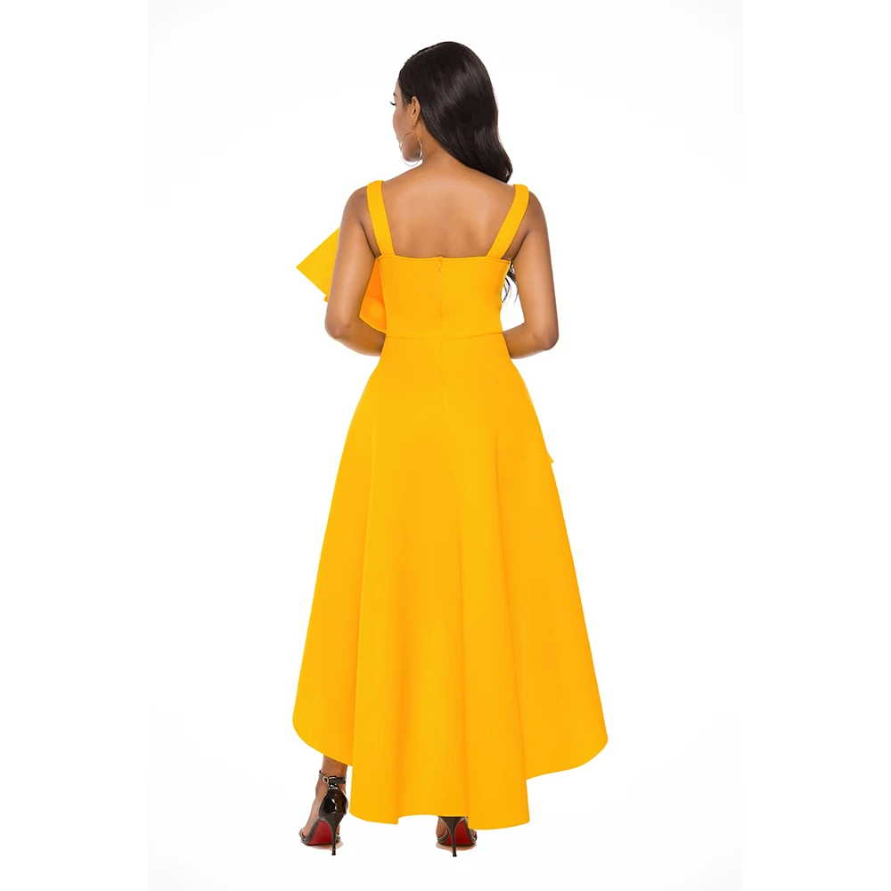Yellow Occasion Dress with Stylish Big Bow Tie, High Low Flare, and Pleated Design - Perfect for Parties, Events, Celebrations, Ladies' Night Out, or Dinner Dates image 6