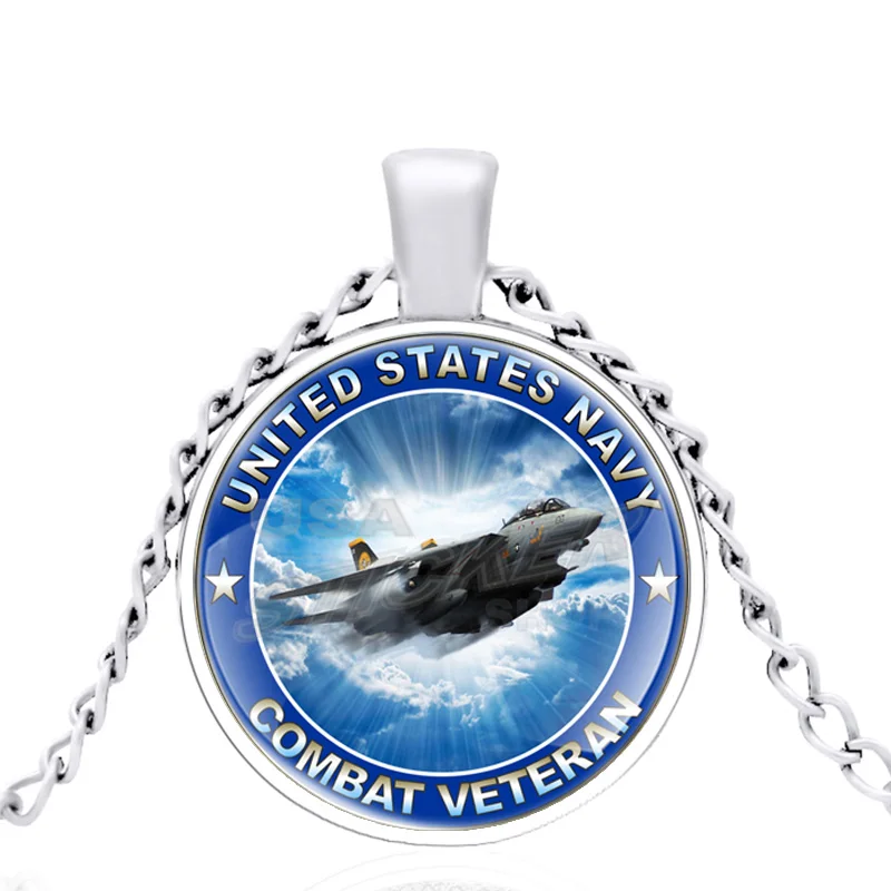 

Classic United States NAVY Combat Veteran Glass Dome Metal Long Chain Necklaces Pendant For Man Woman Jewelry Veterans Day Gifts