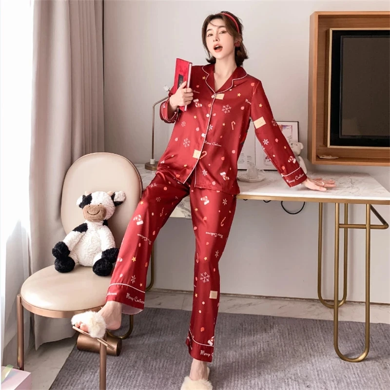 

High Quality Women's Pajamas Set Christmas Elements Print Satin Sleepwear Silk Like Homewear Casual Home Suit Pyjamas Femme
