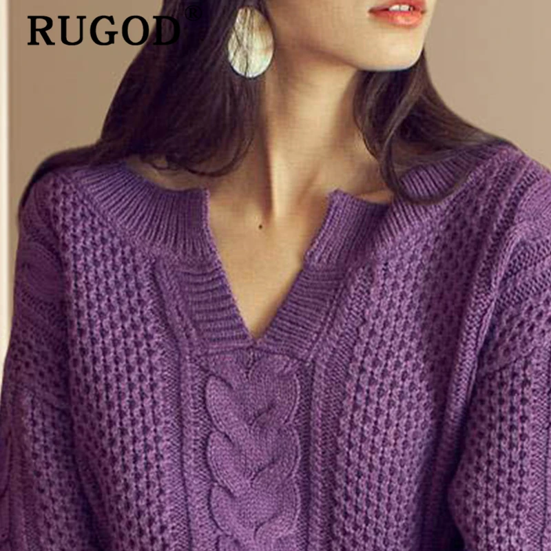 Женский свитер с v-образным вырезом RUGOD корейский теплый пуловер витой вставкой