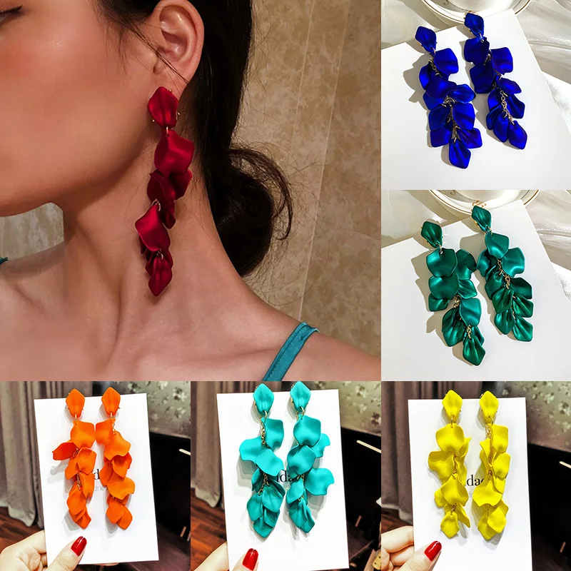 Vintage Petal Pendientes Piercing Earrings For Women Bohemian Acrylic Rose Flower Tassel Long Earring Blue Red Fashion Jewelry | Украшения