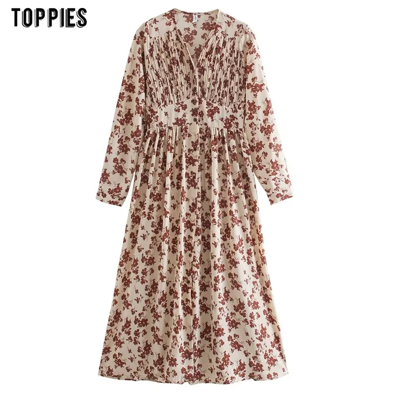 Toppies 2021 весеннее женское платье миди в цветочек с длинными рукавами и V-образным