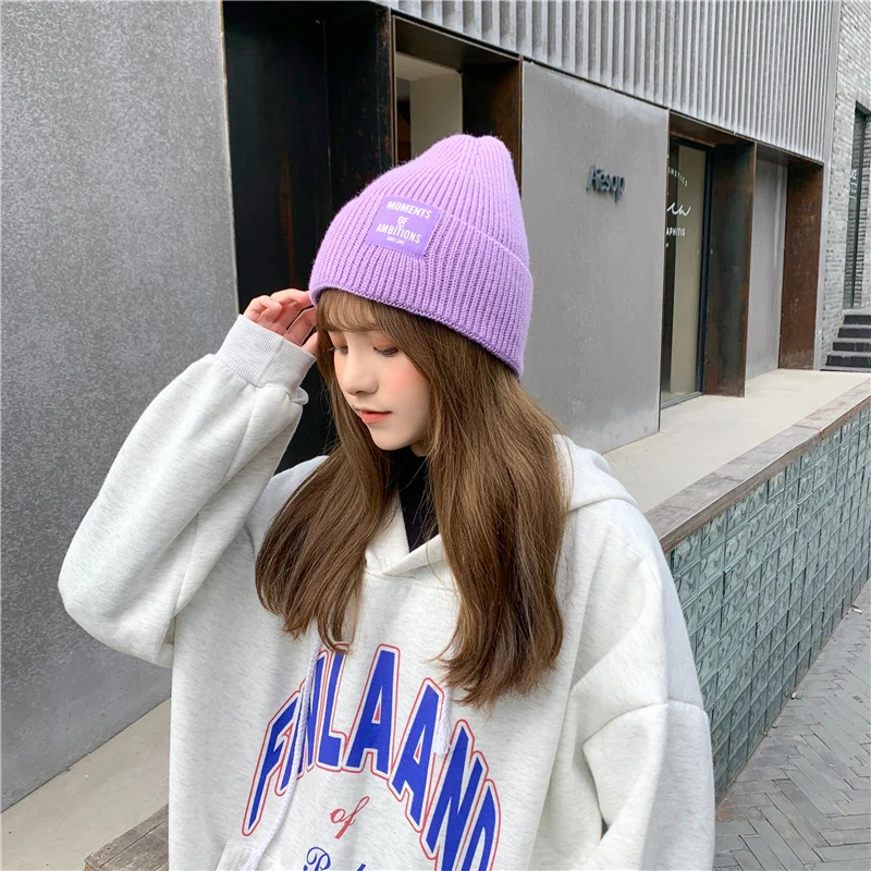 Однотонные осенне-зимние вязаные шерстяные женские облегающие шапки 2021 вязаная