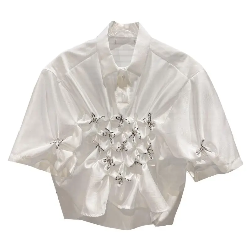 

2021 Summer Cropped Tops for Women Rhinestone Pleated Puff Sleeve Short Pullover Shirt Blouse Lady White Shirt Woman Blouses