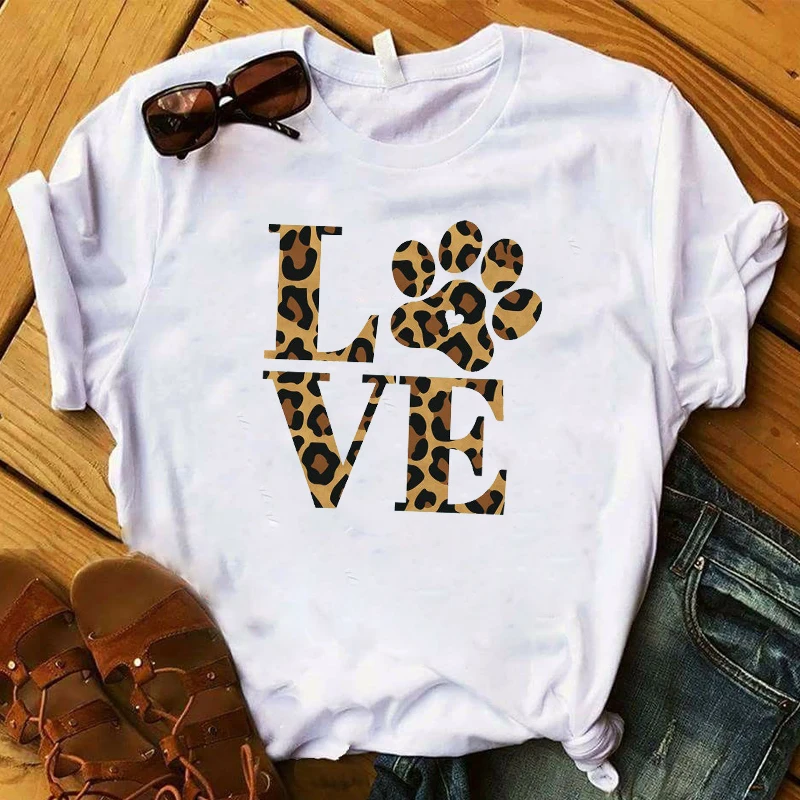 

Fashion Women T Graphic Top Tshirt Love Dog Leopard Printed Summer Cute Letters Female Tee Shirt Femme Ladies Clothes T-shirt