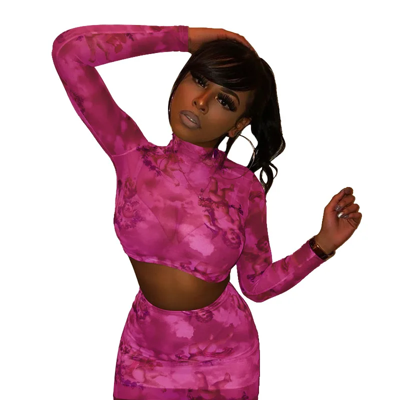 Летние женские комплекты 2020 сетчатые топы с принтом + юбки сексуальные