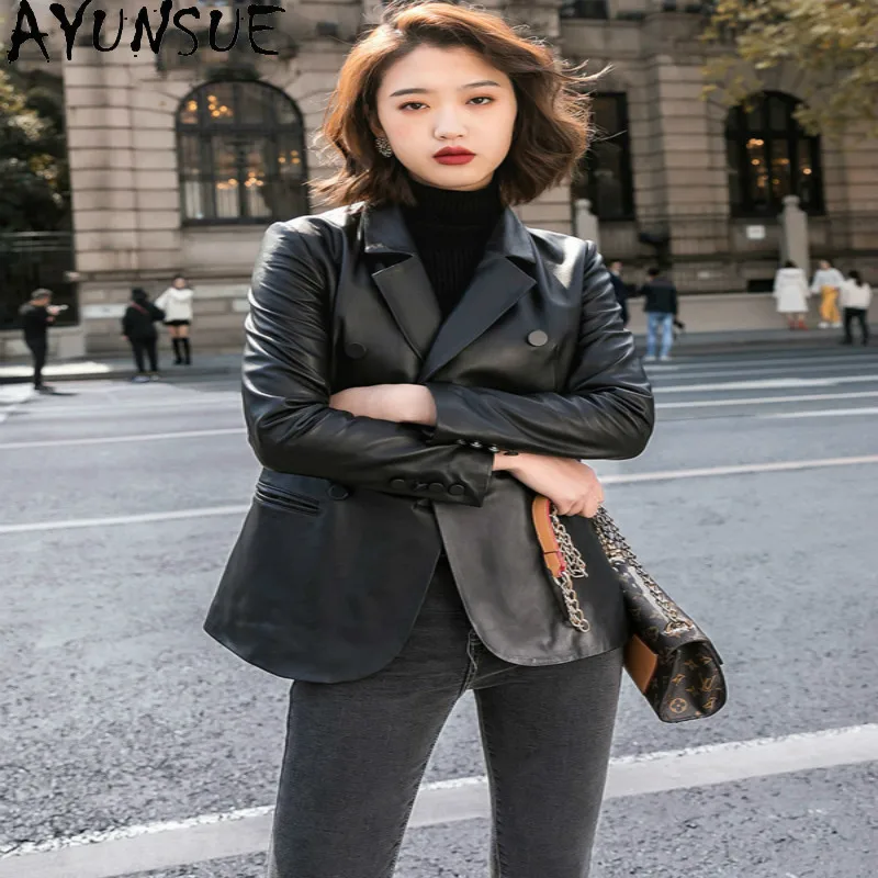 

AYUNSUE Autumn Genuine Leather Jacket Women Clothes 2020 Fashion Streetwear Moto Sheepskin Coat + Belt Chaqueta Mujer 9901