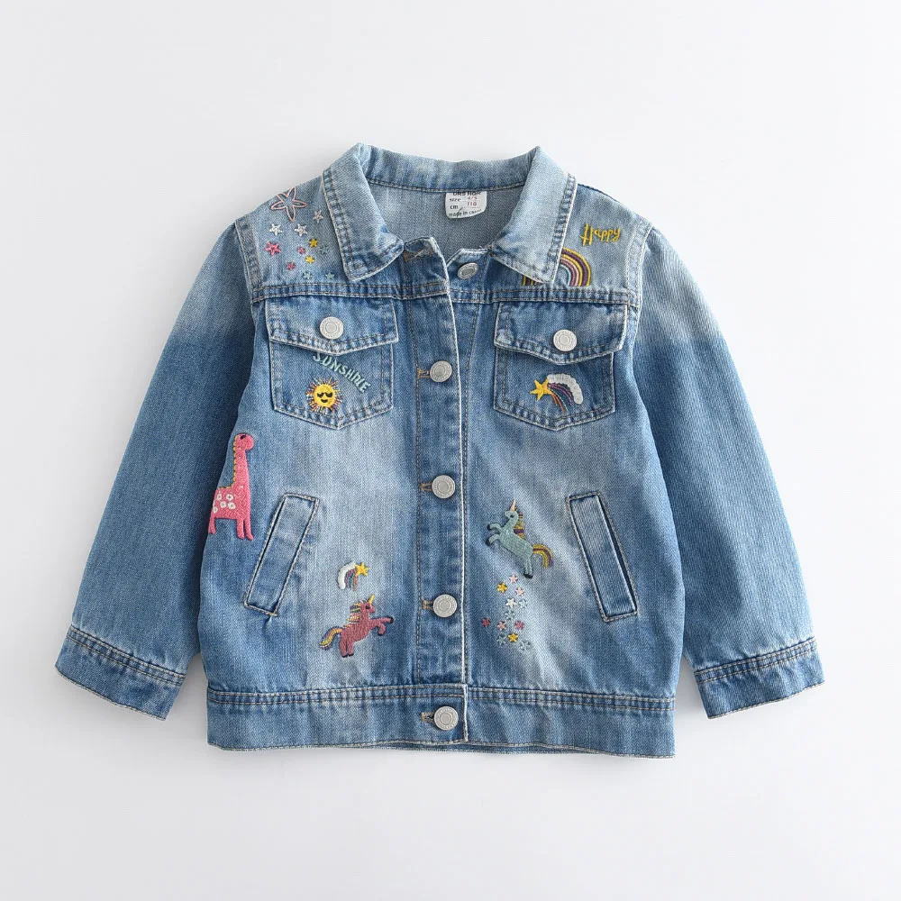 

4-13Y Spring Autumn Girls Jackets Children Denim Coat Cartoon Animal Embroidery Kids Jeans Coat Children Outerwear Clothing