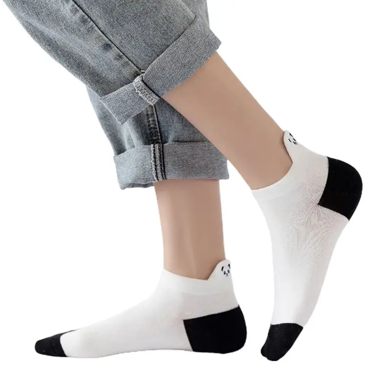 

Female Cute Panda Embroidery Cotton Boat Socks Black White Stripes Short Hosiery