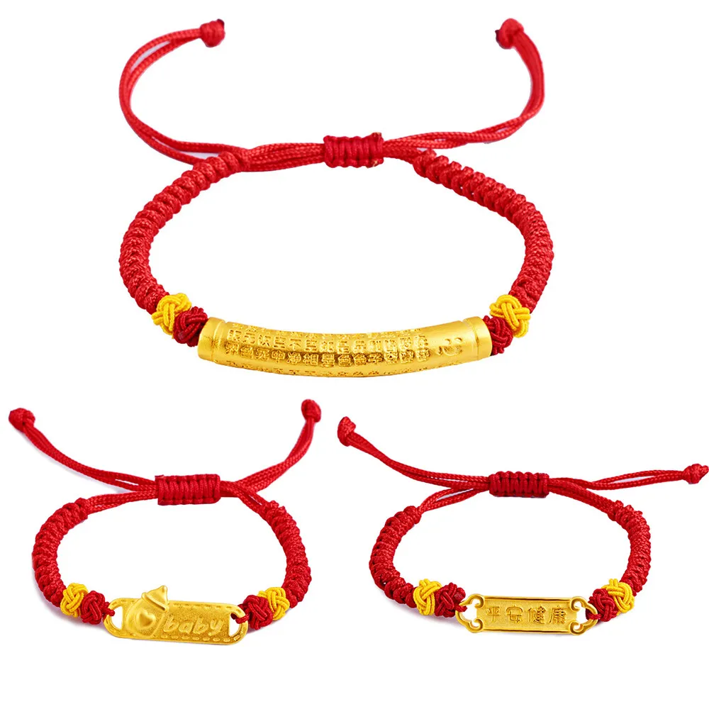 

lucky beads 24K gold color Buddhist blessing mantra red rope chain braided bracelet for women bangle mother child indian jewelry