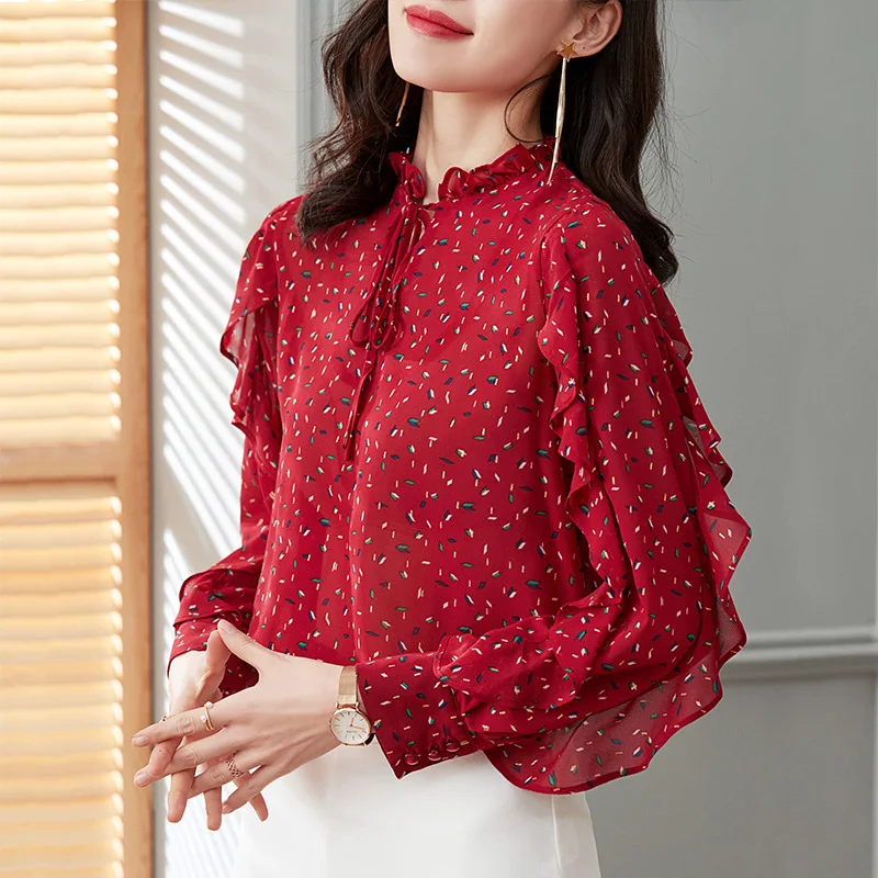 Женская шифоновая блузка с длинным рукавом оборками и бантом | одежда