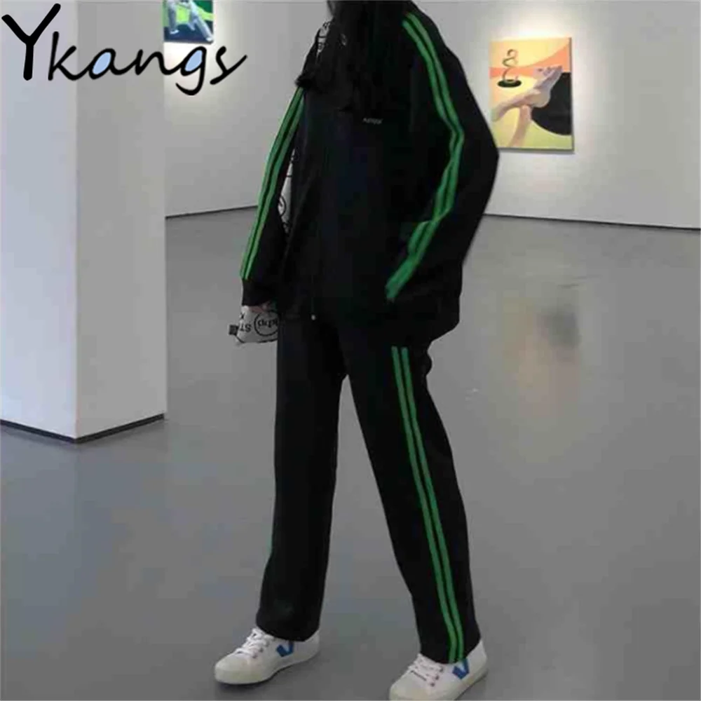 

Korean Style Women Sportswear Long Sleeve Loose Coat+Elastic Waist Sweatpants Purple Two-Piece Autumn Harajuku Student Clothing