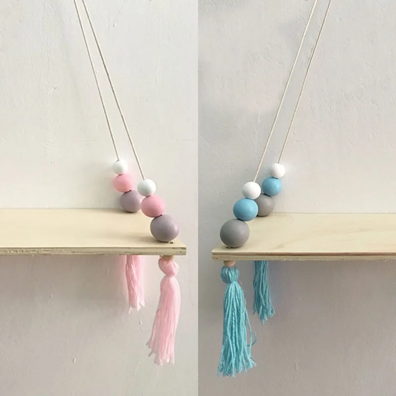 Bedroom Wall Hanging Ornaments Tassel Beads Pendant Wooden Board Storage Shelf Rack Photo Props Kid Room Home Decoration | Дом и сад
