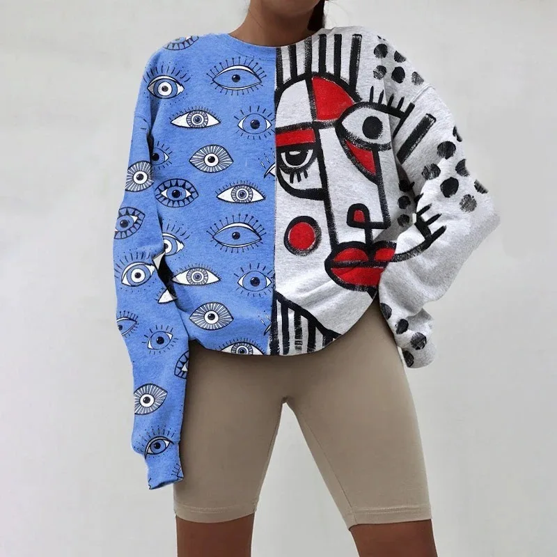 

Women Clothing Long Sleeve Loose Printing Vintage Oversized Crewneck Sweatshirt England Style Blue White Eyes Graffiti Fall