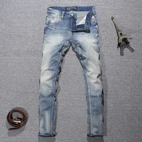 european vintage fashion men jeans retro light gray blue elastic slim fit ripped jeans men scratch designer casual denim pants