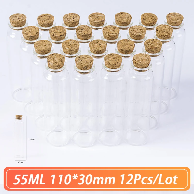 

110*30mm 55ml Glass Bottles With Cork Spicy Storage Tiny Bottle Jar Containers Glass Spice Vials Craft DIY Small Jars 12pcs/Lot