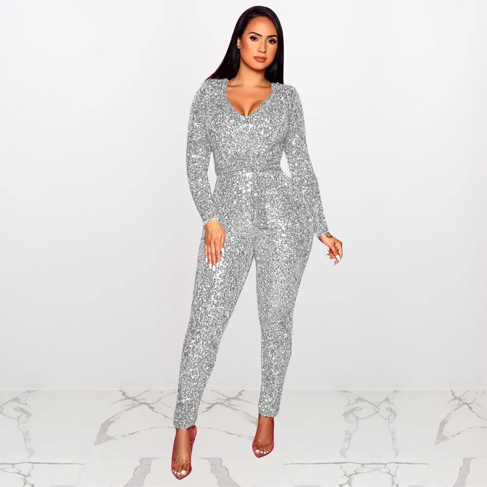 Женский комбинезон с блестками длинный V образным вырезом|Женские комбинезоны| |