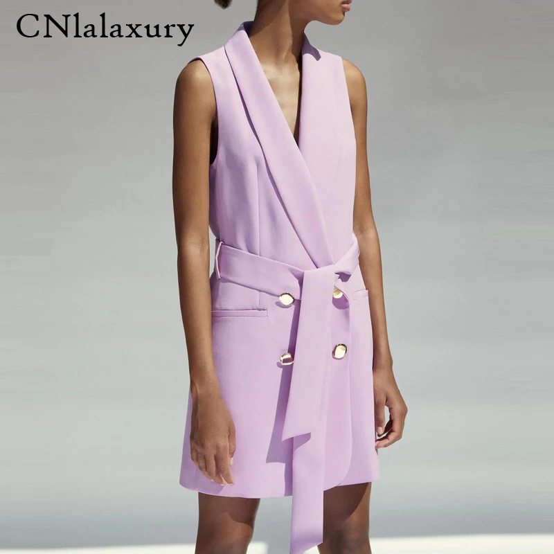 Женский двубортный жилет винтажный блейзер без рукавов с поясом верхняя одежда