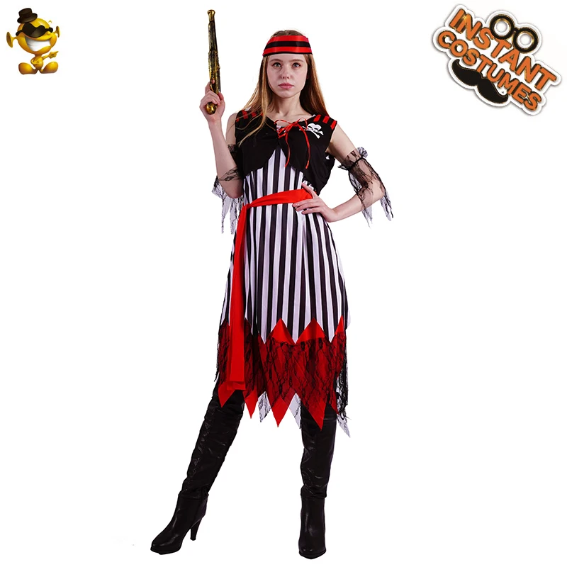 Halloween Costume for Adult Pirate Costume Role Play Sexy Pirate Dress Performance White Black Stripe Pirate Clothing