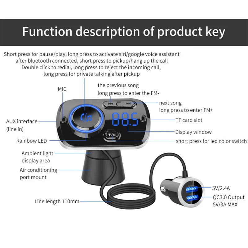 Jilang Bluetooth FM Transmitter Car Kit Handsfree Wireless MP3 Player Dual USB QC3.0 Fast charger Colorful atmosphere | Автомобили и
